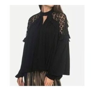 Free People $108 Romantic Black Ruffled Lace Crochet Long Sleeve Oversized Top S
